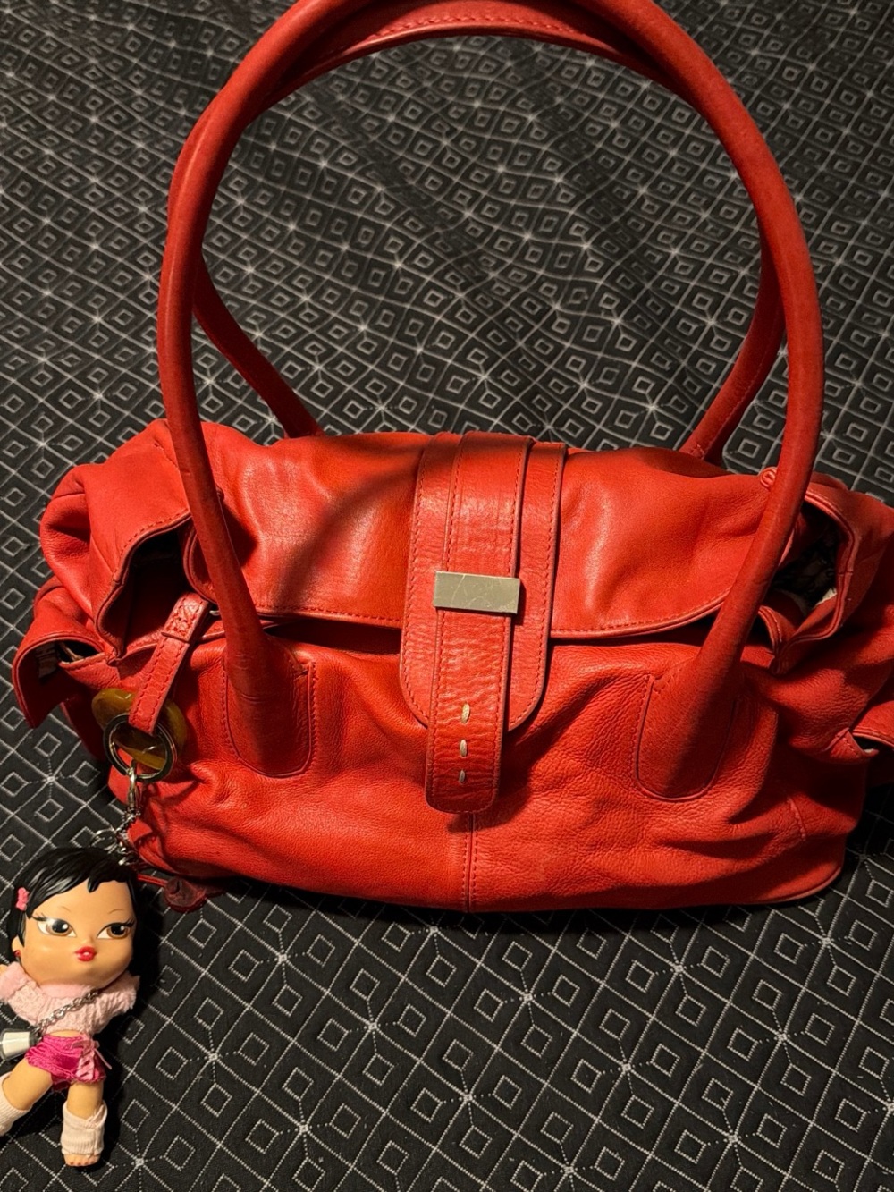 Women's Red Leather Shoulder Bag with Front Strap Detail
